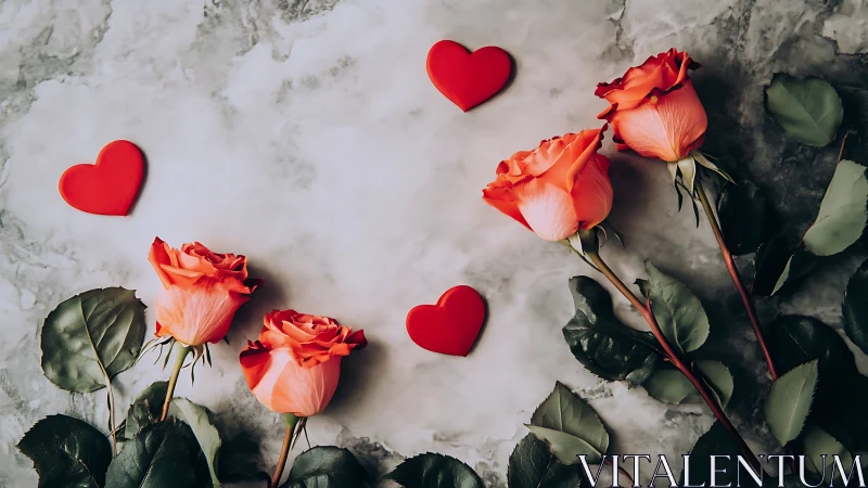 Coral Roses with Red Hearts on Marble Surface.