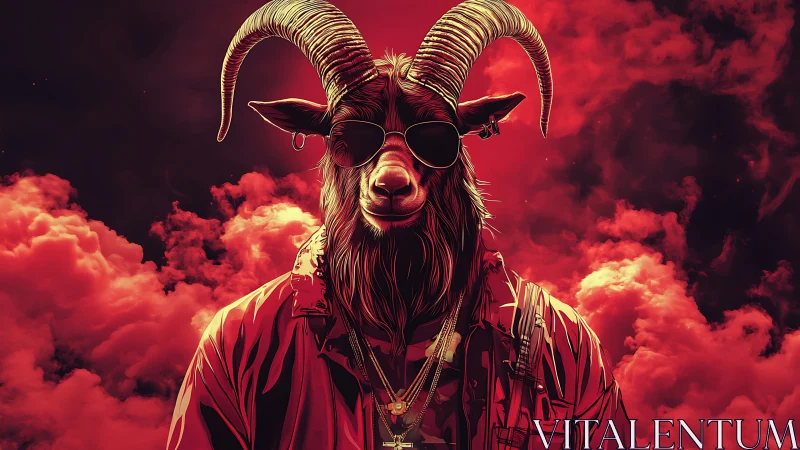 Anthropomorphic goat in streetwear dominates red vapor clouds