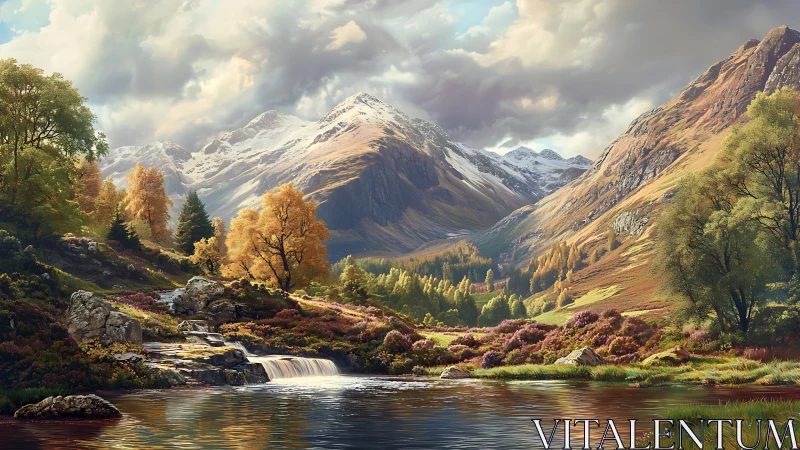 Sunlit alpine valley with cascading river in digital realism
