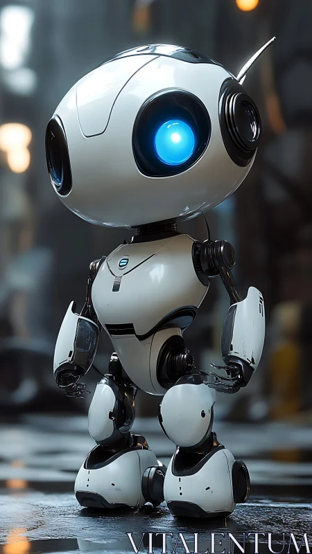 Small white service robot stands on wet industrial floor