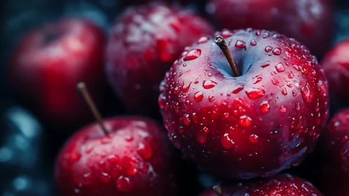 Macro optical study of dewy red apples under soft focus lighting.