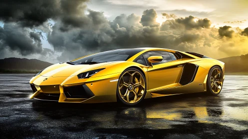 Yellow sports coupe on wet asphalt under cloudy sky.