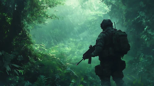 Lone soldier explores a misty emerald jungle passage.