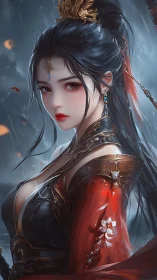 Warrior empress gazes through stormlit dusk in crimson armor.