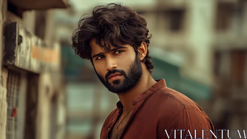 Shallow depth portrait of bearded man in warm urban backstreet