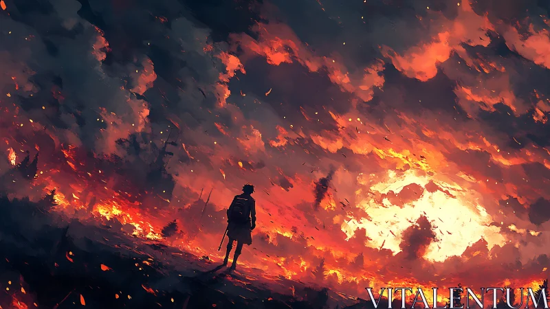 Solitary Figure Facing Apocalyptic Inferno.