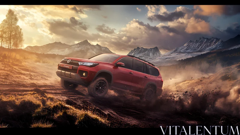 Red off-road SUV climbs rugged dirt slope under dramatic sunset