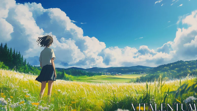 Girl wandering through sunlit meadow under wide summer sky.