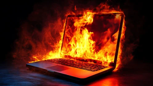 Laptop computer engulfed in intense flames and fire.