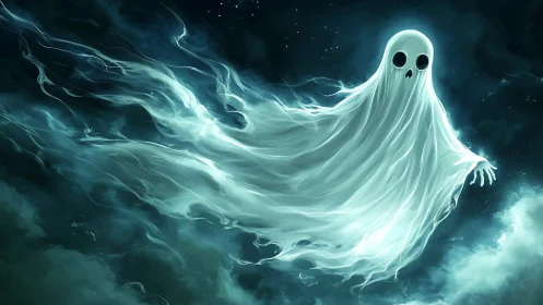 Glowing cartoon ghost drifts through moody teal night sky