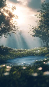 Sunlit forest pond with soft rays across calm water.