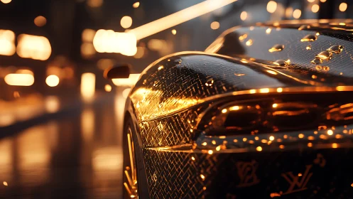 Luxury sports car rear in glowing city night rain scene.