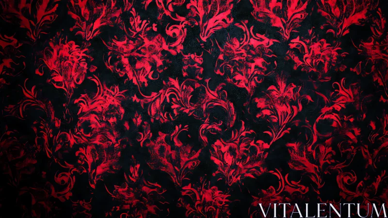 Red ornamental floral pattern over dark textured ground.