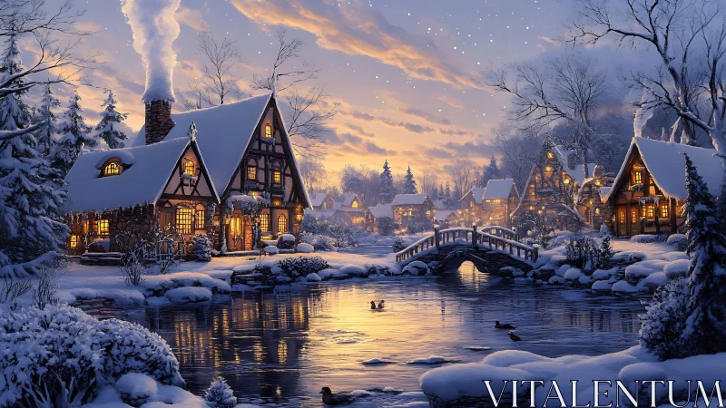 Snowlit village cottages mirrored in golden winter river.