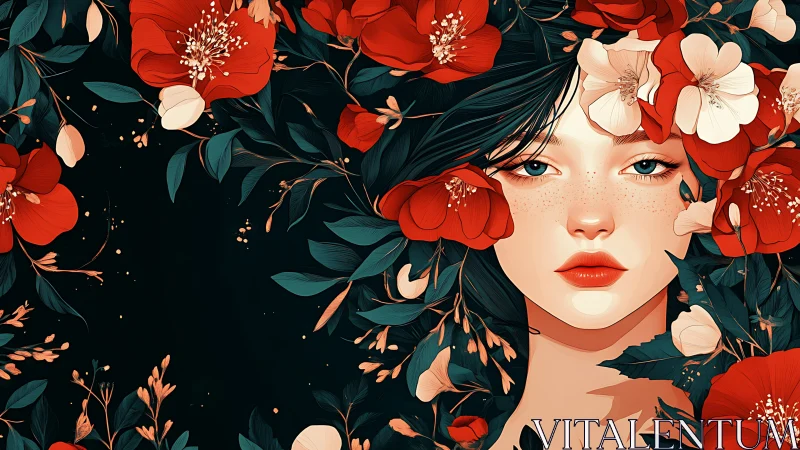 Digital portrait of woman framed by stylized red blossoms