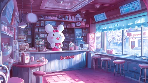 Interior view shows stylized rabbit mascot counter in café