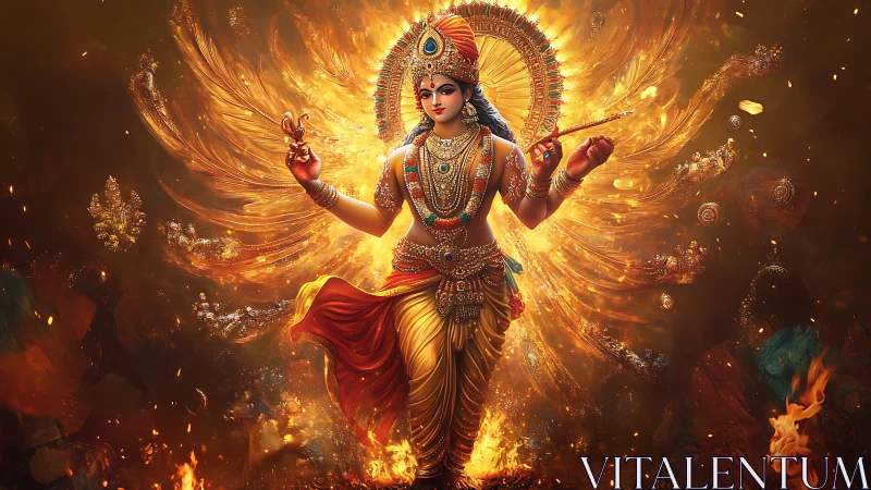 Digital painting of radiant goddess with fiery celestial mandala.