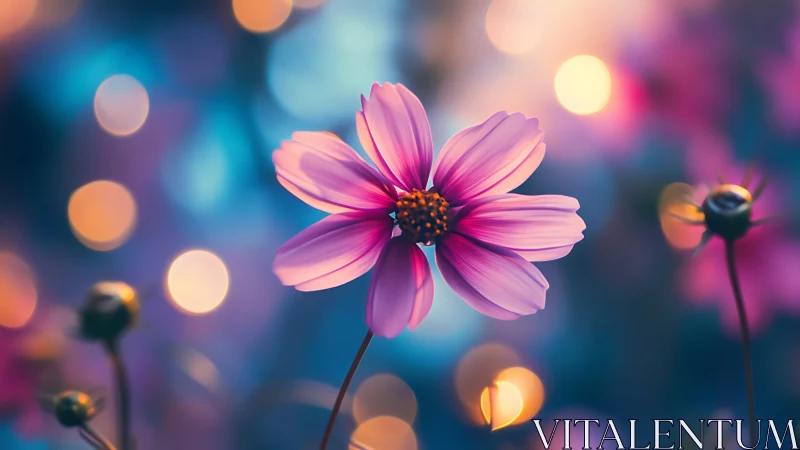 Pink Cosmos Flower in Soft-Focus Light Environment.