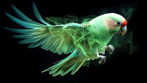 Vibrant parrot in neon smoke effect on black background, digital art.