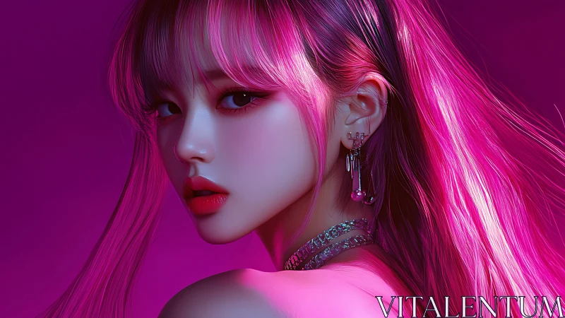 Neon-lit female portrait with glossy pink hair and jewelry.