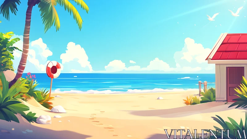 Tropical Beachfront Illustration with Seaside Cottage Architecture.