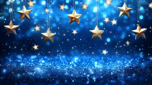 Golden star ornaments sparkling over dreamy blue lights.