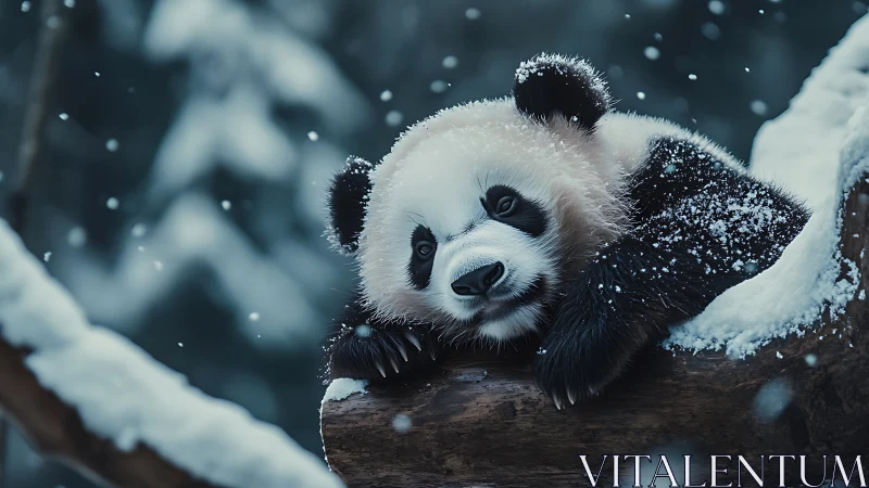 Baby panda rests on snowy log in tranquil winter forest