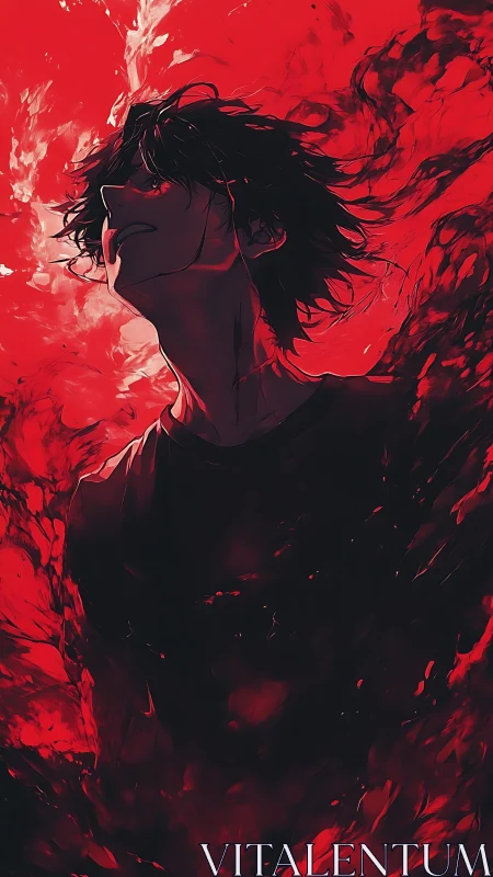 Male figure in red and black swirling abstract field.