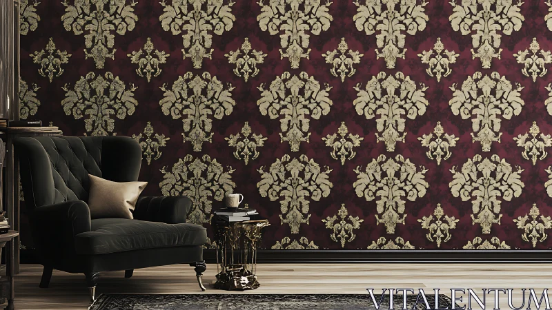 Dark tufted armchair with gold damask wallpaper in moody room
