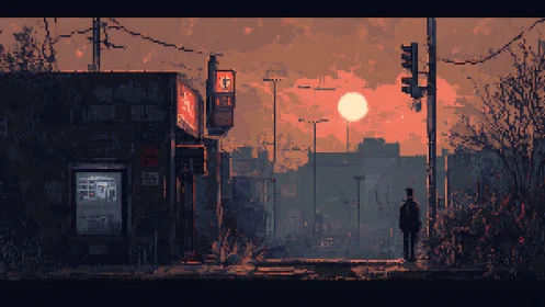 Sunset-washed loner crossing pixelated urban hush.