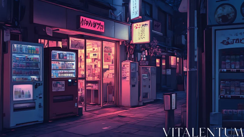 Neon vending street glows softly in a quiet Tokyo night