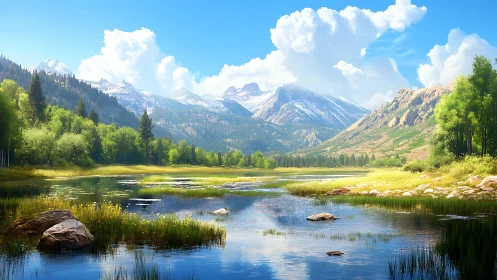 Sunlit alpine valley pond reflects distant snowcapped peaks