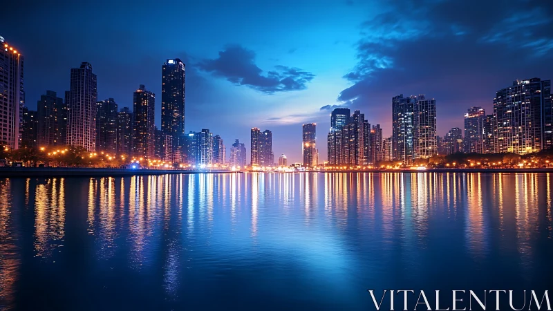 City skyline reflects over calm waterfront under blue dusk