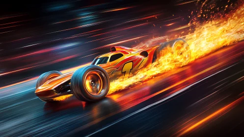 Streamlined racing car moves on track with trailing flames