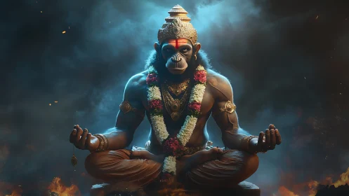 Monkey-headed deity sits cross-legged in glowing smoke