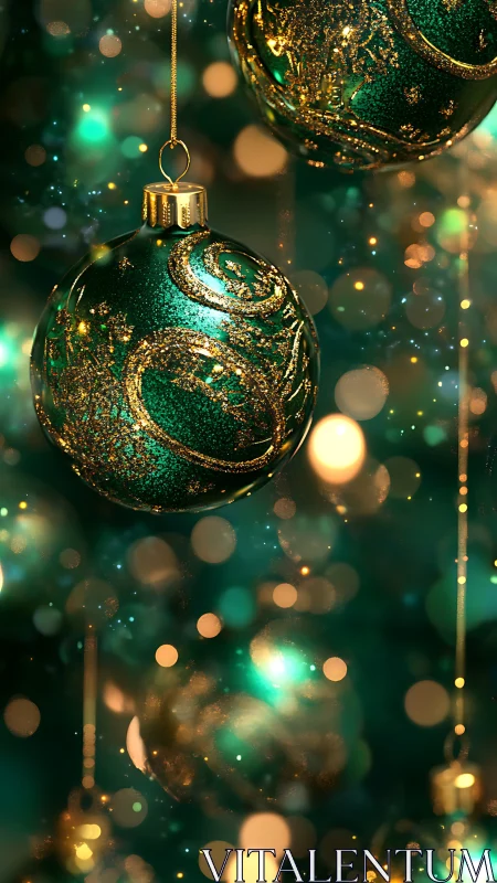 Green glass ornaments with gold glitter decoration detail.