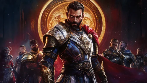 Parametric portrait of armored commander before radiant sigil.