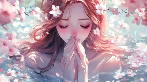 Serene anime girl immersed in blossom-filled luminous water