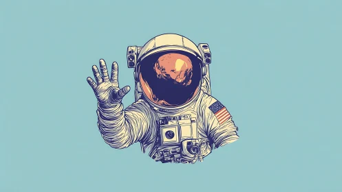 Retro line-art astronaut reaching outward on teal void.