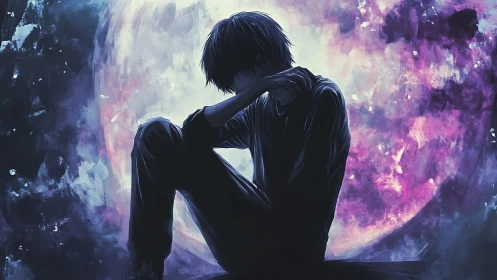 Silhouetted seated figure before large abstract moonlike disc.