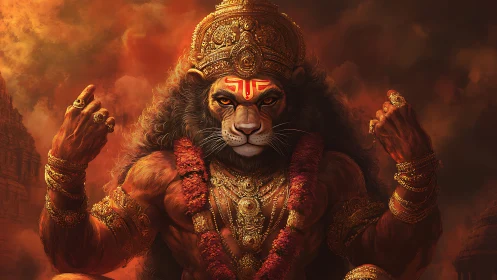 Mythic lion-headed deity figure sits centered in ornate armor