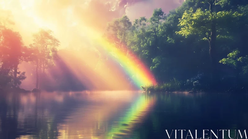 Rainbow river gateway under whispering forest light.