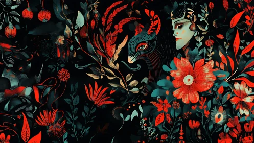 Mythic figure and spirit creature emerge in dense floral night