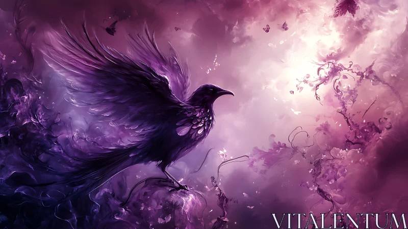 Iridescent violet raven in turbulent luminous nebular bloom.