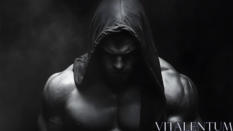 Low key hooded bodybuilder portrait with sculpted musculature