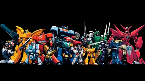 Bold team of colorful mecha robots stands ready for action