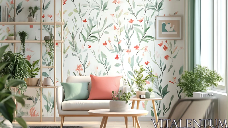 Modern living room with floral wallpaper and indoor plants.