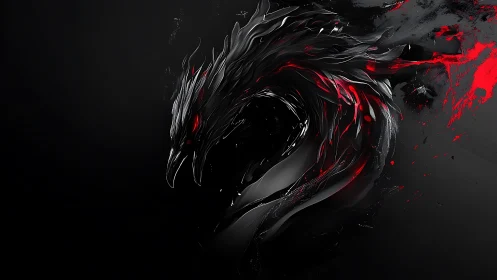 Obsidian phoenix curls through bloodred splashes of void.