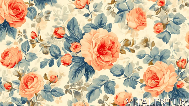 Seamless pattern shows coral roses with blue and beige foliage