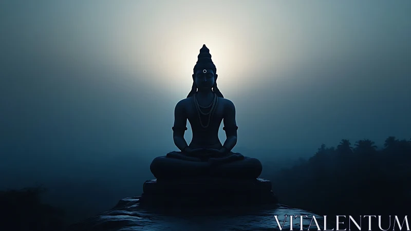 Silhouette of seated statue is centered against diffuse backlight